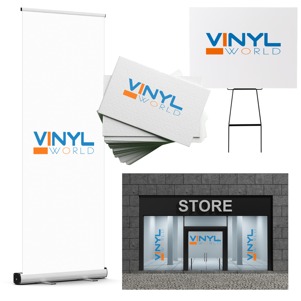 banners, store fronts, yard signs, car magnets, business cards